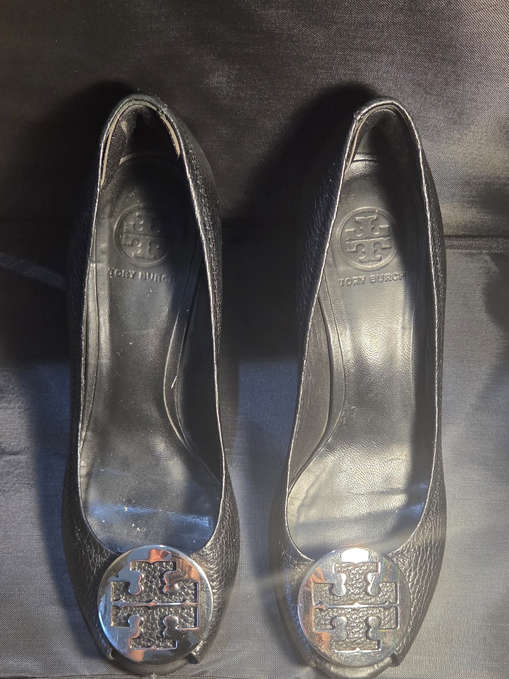 Tory Burch Black Leather Logo Round Toe Wedges